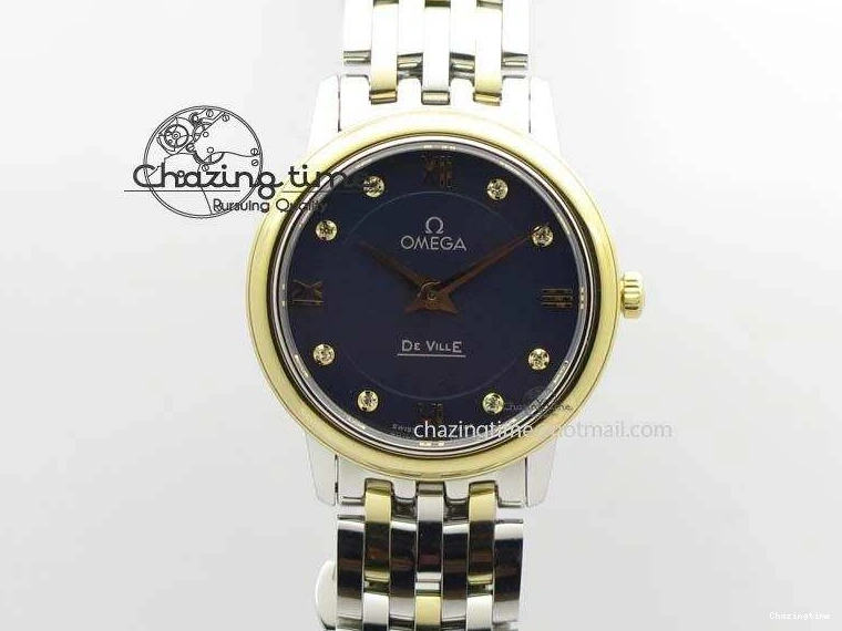 0124 HighQuality De Ville 27mm SS YG Ladies MK 1:1 Best Edition Blue Dial Diamond Markers On SS Bracelet Ronda Quartz 8186